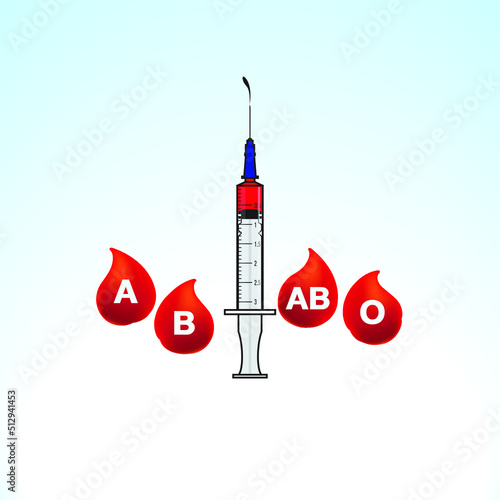 Illustration of a syringe and four blood groups on a light blue gradation background