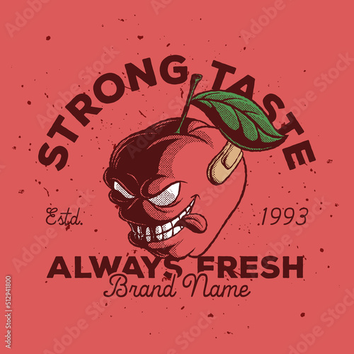 Cartoon emblem of bad apple fruit with retro style