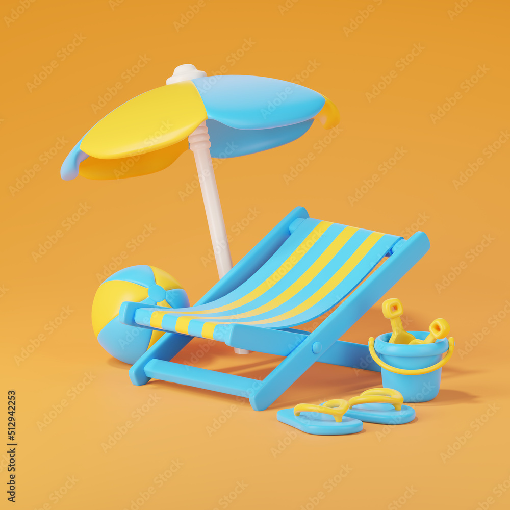 custom made wallpaper toronto digital3d render of beach chair with umbrella and inflatable ball, Summer concept.