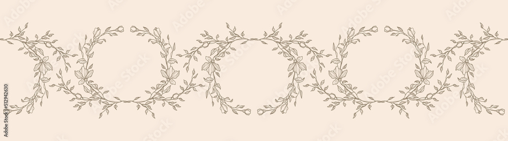 Hand drawn line floral seamless border. Elegant vintage wreath horizontal pattern. Vector botanical illustration for invitation, greeting, card, cover, packaging, poster
