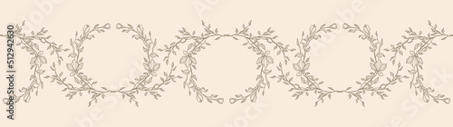 Hand drawn line floral seamless border. Elegant vintage wreath horizontal pattern. Vector botanical illustration for invitation, greeting, card, cover, packaging, poster