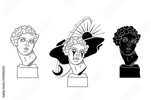 Mystical Apollo ancient greek statues, vector black white line celestial greek god silhouettes, antique bust sculptures, fantasy hand drawn compositions isolated clip art kit