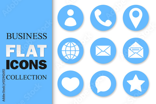 Business flat icons collection. White glyphs on blue background. Best for mobile apps, social media, highlights and web design.