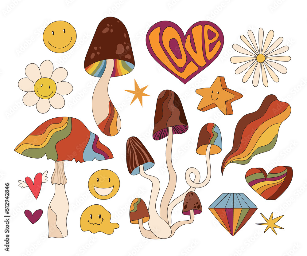 Groovy 70s retro isolated clip art bundle, retro vibes mushroom, flower, smiling face, heart shape with tlettering, rainbow colored hippie objects on white background, vector hand drawn set