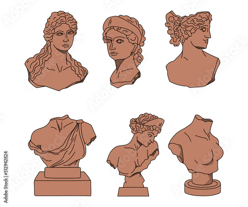 Ancient Greek statues of goddess or nymph, vector terracotta line and solid silhouettes antique sculptures of female busts figures, hand drawn bodies isolated clip art