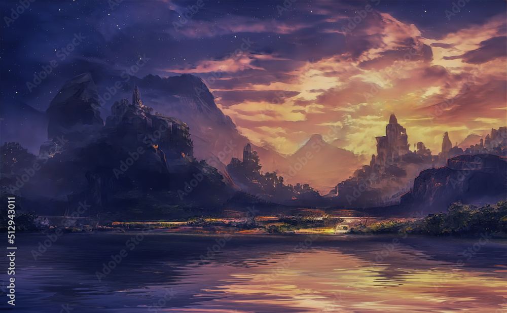 Futuristic fantasy landscape, sci-fi landscape with planet, neon light, cold planet. Galaxy, unknown planet. Dark natural scene with light reflection in water. Neon space galaxy portal. 3d Futuristic fantasy landscape, sci-fi landscape with planet, neon light, cold planet. Galaxy, unknown planet. Dark natural scene with light reflection in water. Neon space galaxy portal. 3d