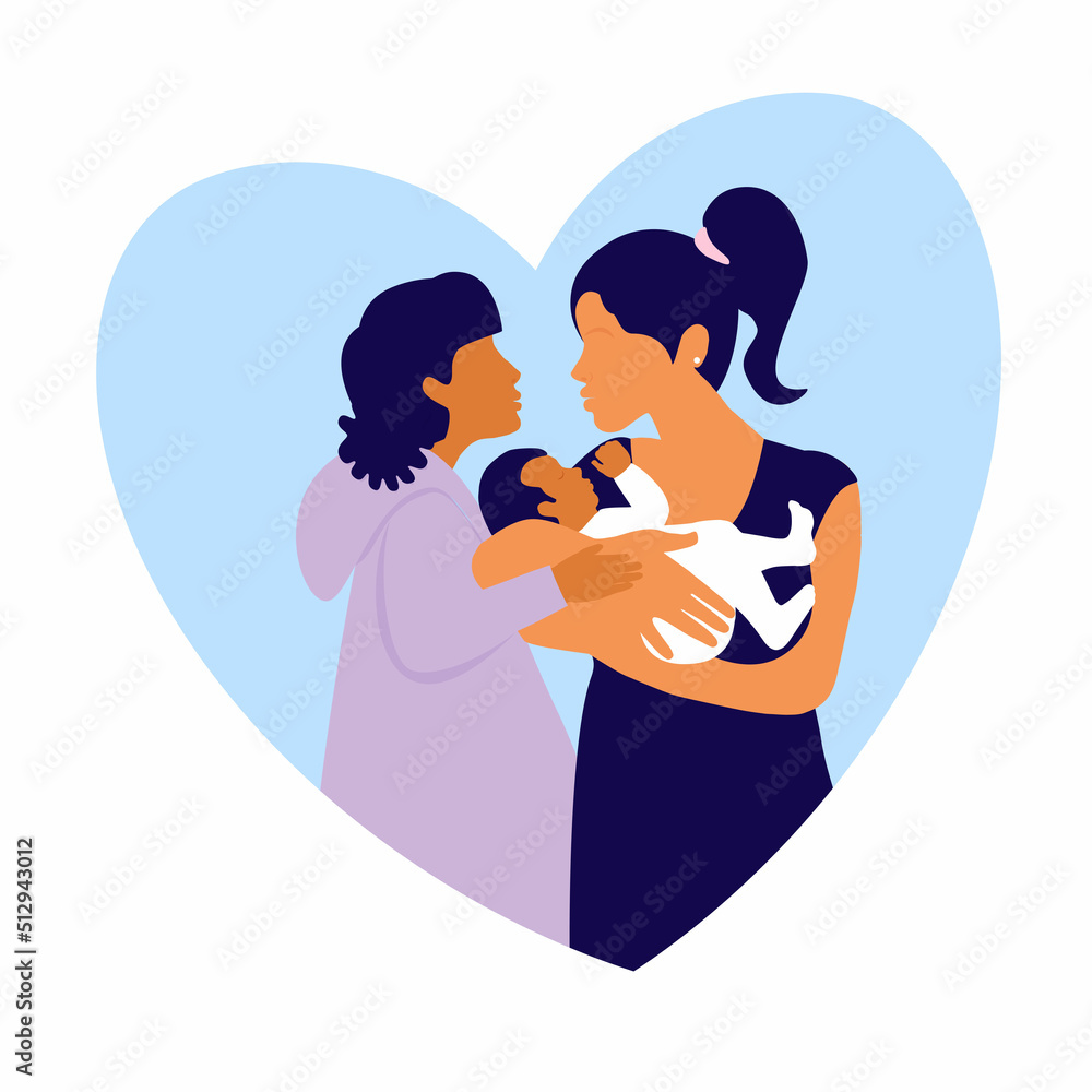 Beautiful mother with child - siblings, heart background. Happy woman leisure. The relationship between children and parents. Baby in arms. Vector flat illustration. Beautiful mother with child - siblings, heart background. Happy woman leisure. The relationship between children and parents. Baby in arms. Vector flat illustration.