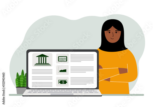 Concept of bill payment, money deposit, bank account management from laptop or computer site. Arabic woman with laptop and bank website.