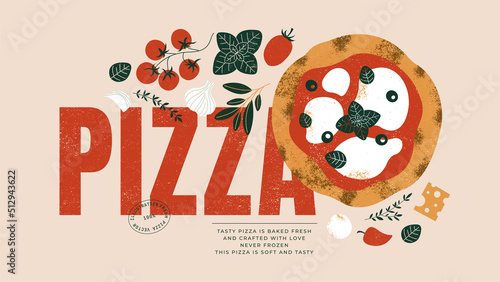 Italian pizza horizontal design template. Pizza Margherita with tomatoes and mozzarella.  photo