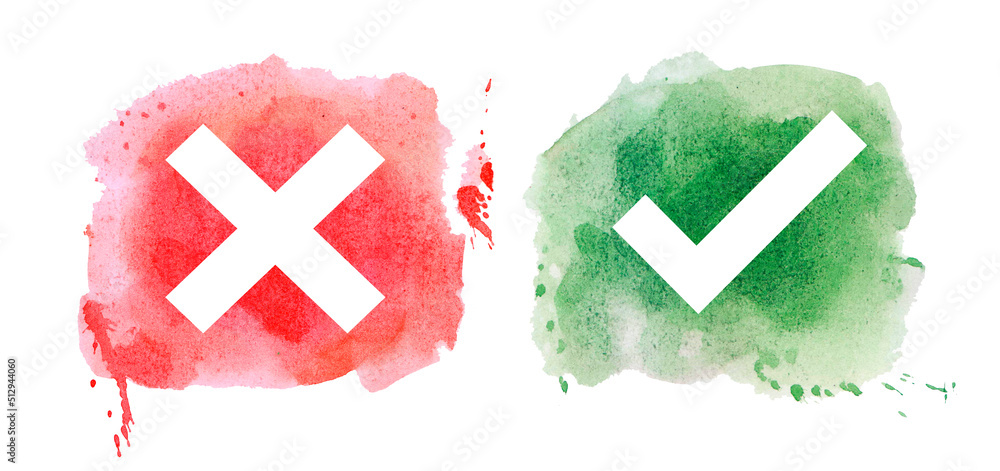 Watercolor signboard Green check mark and Red X mark or True and False ...