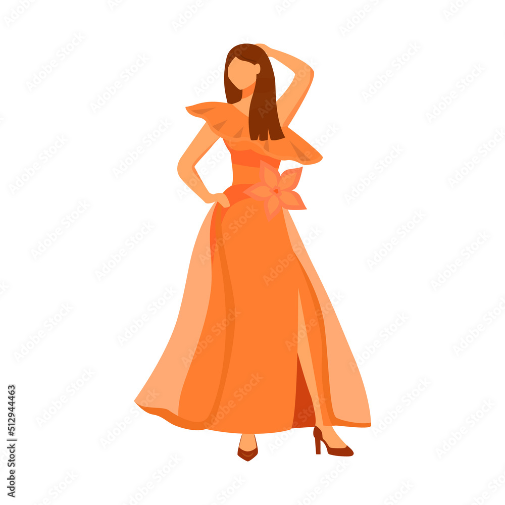 Posing woman wearing wavy maxi dress semi flat color vector character. Standing figure. Full body person on white. Simple cartoon style illustration for web graphic design and animation Posing woman wearing wavy maxi dress semi flat color vector character. Standing figure. Full body person on white. Simple cartoon style illustration for web graphic design and animation