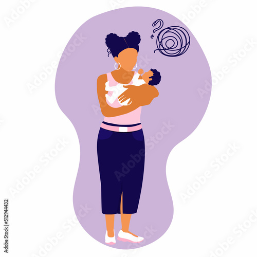 Postnatal woman. Holds a baby in her arms. Mother in Postpartum Depression. Tired mom stress with child. Childcare problems. Anxiety issues, support mental health