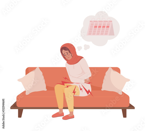 Young woman with painful periods semi flat color vector character. Editable figure. Full body person on white. Dysmenorrhea simple cartoon style illustration for web graphic design and animation