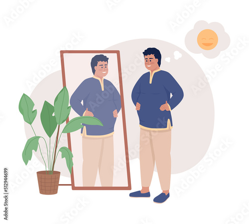 Happy man with overweight near mirror 2D vector isolated illustration. Positive plump flat character on cartoon background. Self acceptance colourful editable scene for mobile, website, presentation