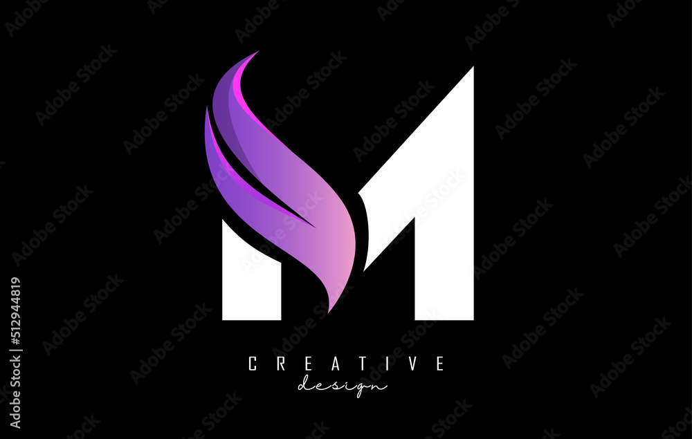 Fototapeta premium Vector illustration of abstract letter white M with pink leaf, eco, natural design. Letter M logo with creative cut and shape.