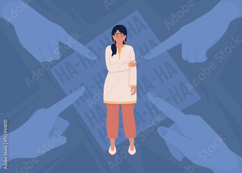 Upset woman and pointing fingers flat color vector illustration. Collective condemnation. Mental health. Fully editable 2D simple cartoon character with inscription on background. Bebas Neue font used