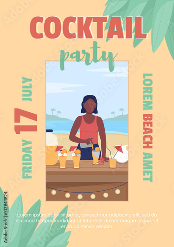 Cocktail party on beach flat vector banner template. Summer fest poster, leaflet printable color designs. Editable flyer page with text space. Passion One, Brusher, Quicksand fonts used