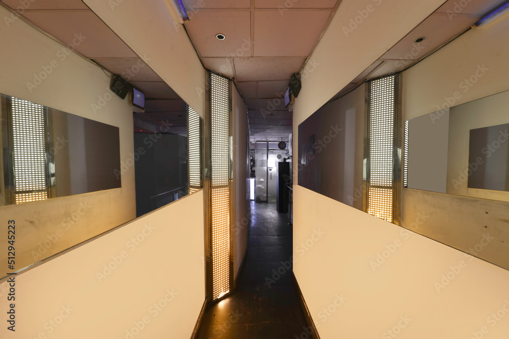 Corridors of a nightclub with frameless mirrors and neon lights Corridors of a nightclub with frameless mirrors and neon lights