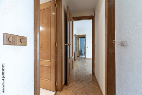 entrance hall of a house with a light wood door, French oak flooring and matching carpentry