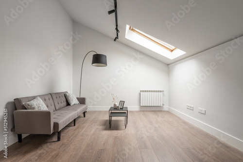 Living room of a house with sloping ceilings, skylights and a three-seater sofa in gray fabric and light wood floors