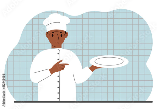 A sad cook in a cap holds an empty plate in his palm. Vector