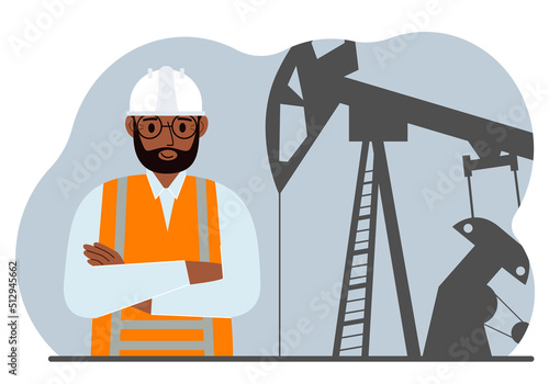 Oil refinery engineer. A male worker in front of a pumping unit for oil extraction, oil drilling and well repair.