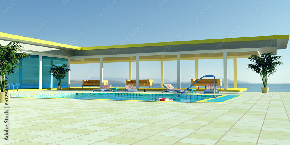 Pool area with view to the sea, 3D illustration