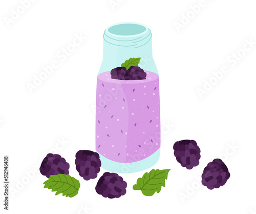 Smoothies with blackberries. Bright colorful summer set of ingredients. Vector illustration of healthy refreshing drinks.