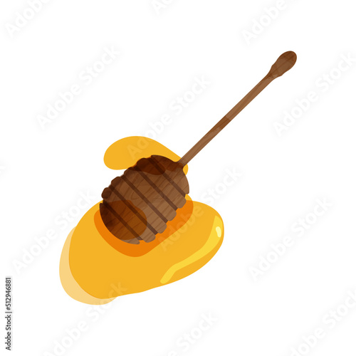 Vector illustration of spoon with honey. Honey wooden spoon for magazine or recipe design.