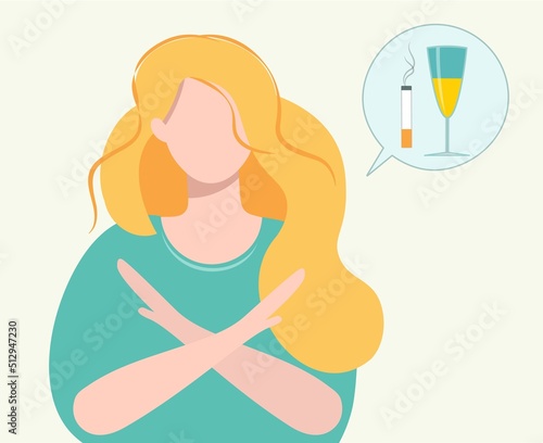 The woman refused to drink alcohol and smoke. Stop drinking wine and beer, smoking cigarettes for good health. The girl says no to alcohol and smoking. Stop gesture. Isolated vector flat illustration.