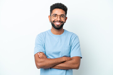 Young Brazilian man isolated on white background keeping the arms crossed in frontal position