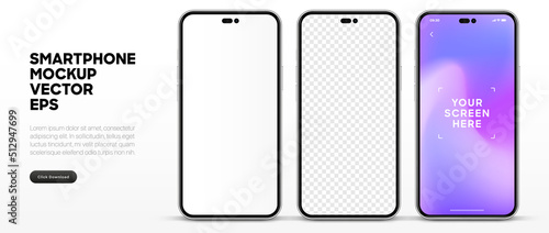 Realistic smartphone mockup isolated with transparent screens. Smart phone mockup collection. Device front view. 3D mobile phone with shadow on white background. Realistic, flat and line style