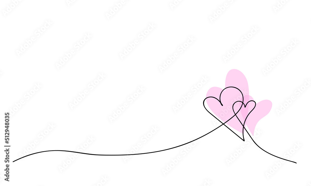 Two pink hearts with watercolor spots. Valentine's day. Continuous line drawing. Holiday card, romantic, wedding design elements. Symbol of love. Two pink hearts with watercolor spots. Valentine's day. Continuous line drawing. Holiday card, romantic, wedding design elements. Symbol of love.