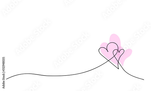 Two pink hearts with watercolor spots. Valentine's day. Continuous line drawing. Holiday card, romantic, wedding design elements. Symbol of love. photo