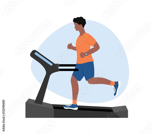 Man running on treadmill. African american sportsman jogging on fitness equipment. Endurance cardio run training. Flat vector illustration