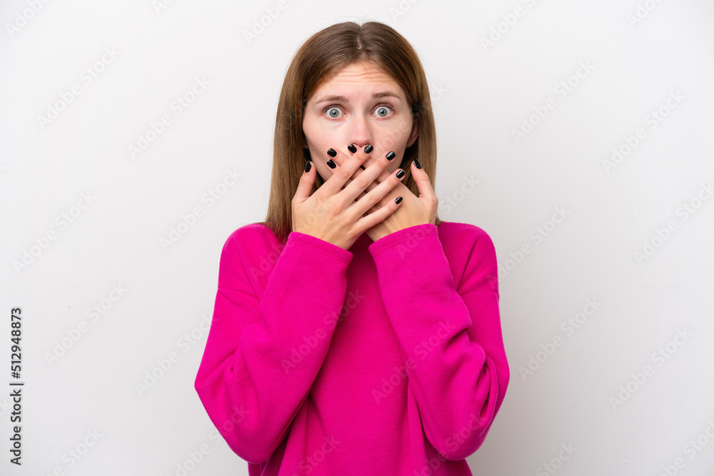Young English woman isolated on white background covering mouth with hands Young English woman isolated on white background covering mouth with hands