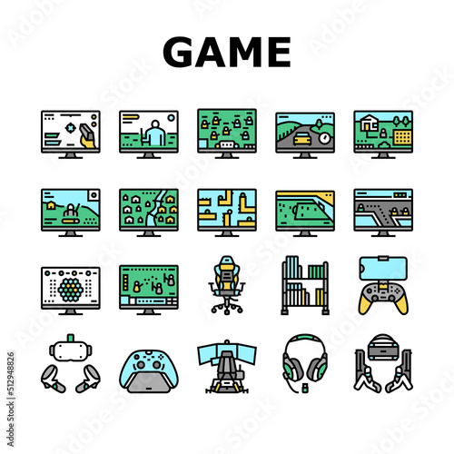 Video Game Electronic And Device Icons Set Vector. Racing Simulator And Simulation, Action And Adventure, Sports And Royal Battle Video Game. Computer And Joystick Console Color Illustrations