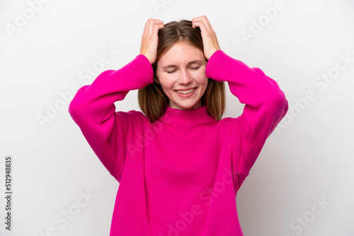 Young English woman isolated on white background laughing