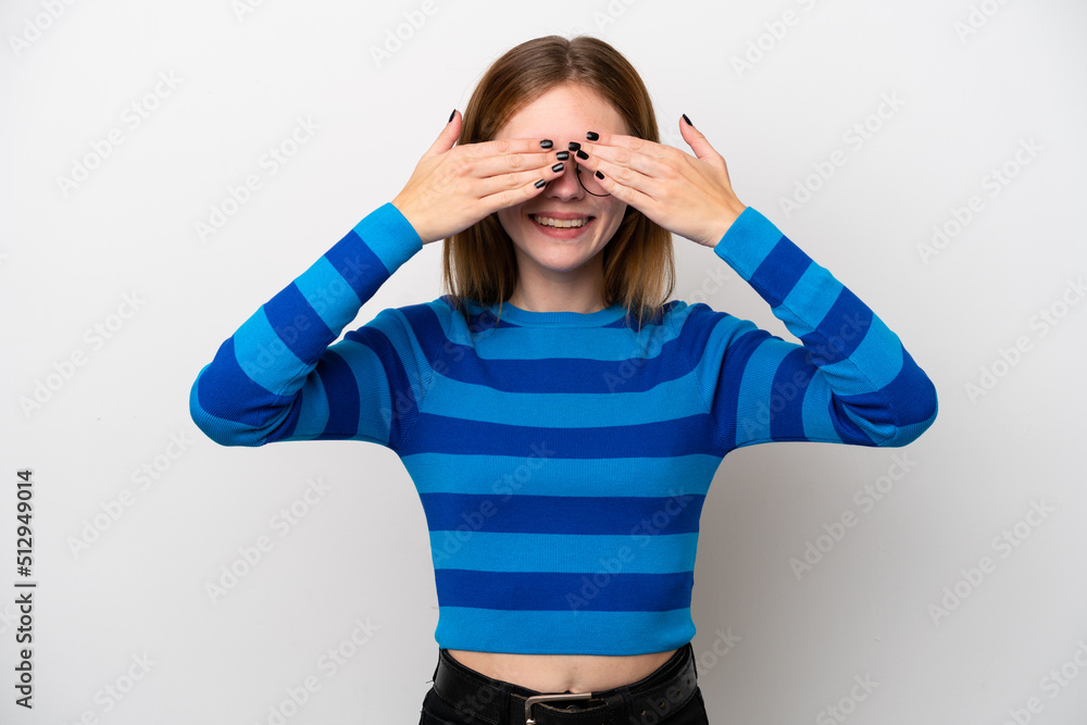 Young English woman isolated on white background covering eyes by hands and smiling Young English woman isolated on white background covering eyes by hands and smiling