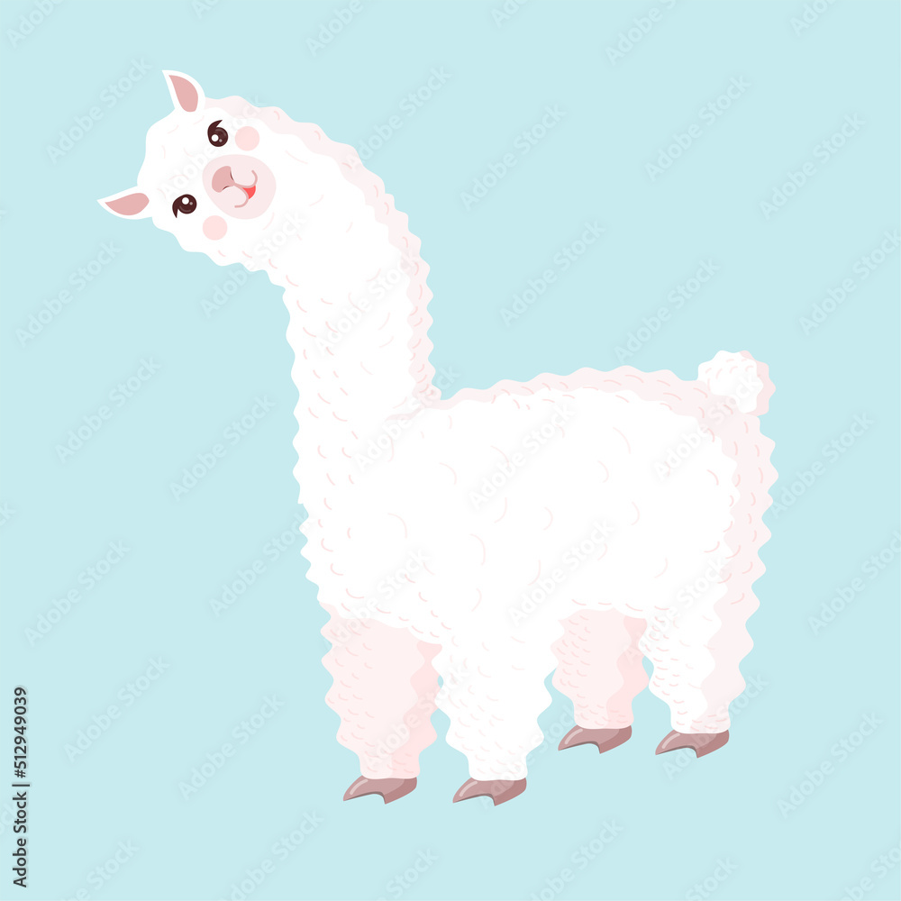 Fototapeta premium Cute llama or alpaca on a blue background. Vector illustration for baby texture, textile, fabric, poster, greeting card, decor.