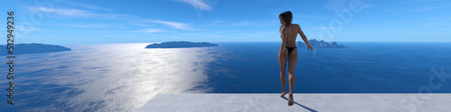 Φωτογραφία Illustration of a beautiful woman wearing black bikini bottoms looking into the distance at a resort in the afternoon sun