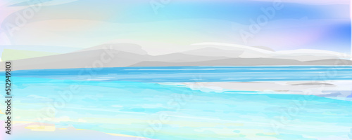 Ocean view banner, coast line  background in turquoise and pastel colours. Vector illustration, concept for card, poster, flyer, print.