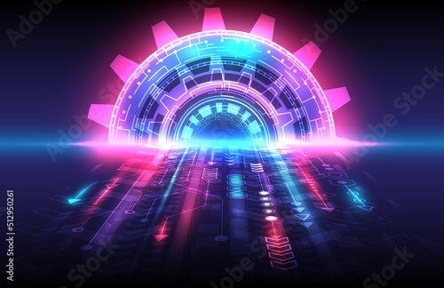Futuristic Sci-Fi glowing HUD element and particle gear. Abstract hi-tech background. Perspective speed arrow. Internet motivation and connection. Landing page, algorithm and big data