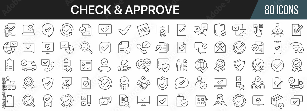 Check and approve line icons collection. Big UI icon set in a flat design. Thin outline icons pack. Vector illustration EPS10 Check and approve line icons collection. Big UI icon set in a flat design. Thin outline icons pack. Vector illustration EPS10
