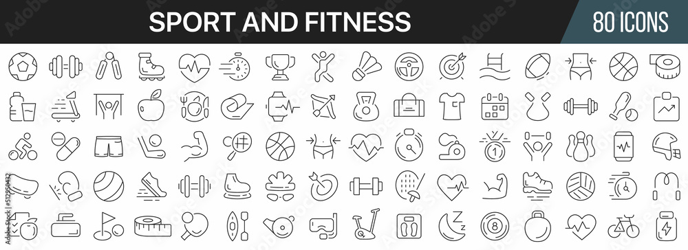 Sport and fitness line icons collection. Big UI icon set in a flat design. Thin outline icons pack. Vector illustration EPS10 Sport and fitness line icons collection. Big UI icon set in a flat design. Thin outline icons pack. Vector illustration EPS10