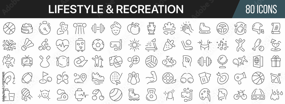 Lifestyle and recreation line icons collection. Big UI icon set in a flat design. Thin outline icons pack. Vector illustration EPS10 - obrazy, fototapety, plakaty 