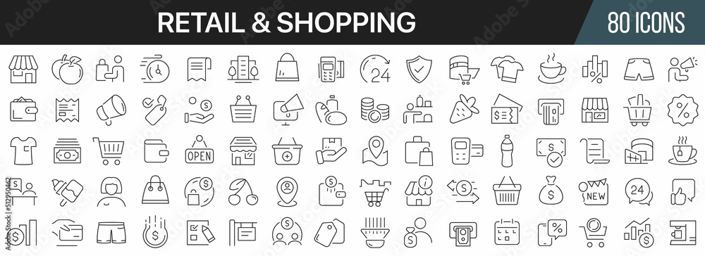 Retail and shopping line icons collection. Big UI icon set in a flat design. Thin outline icons pack. Vector illustration EPS10 Retail and shopping line icons collection. Big UI icon set in a flat design. Thin outline icons pack. Vector illustration EPS10