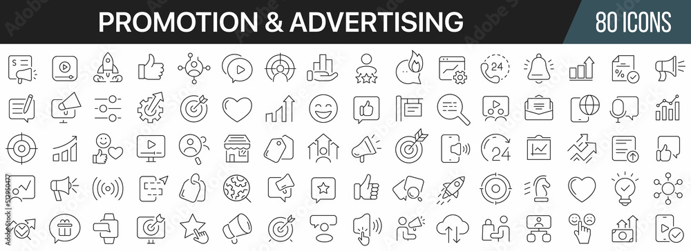 Promotion and advertising line icons collection. Big UI icon set in a flat design. Thin outline icons pack. Vector illustration EPS10