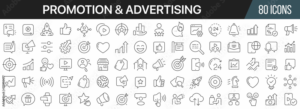 Promotion and advertising line icons collection. Big UI icon set in a flat design. Thin outline icons pack. Vector illustration EPS10 Promotion and advertising line icons collection. Big UI icon set in a flat design. Thin outline icons pack. Vector illustration EPS10