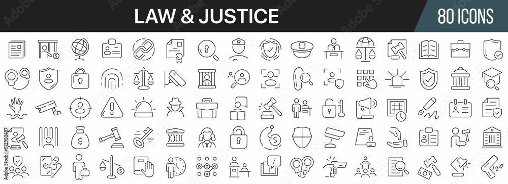 Law and justice line icons collection. Big UI icon set in a flat design. Thin outline icons pack. Vector illustration EPS10